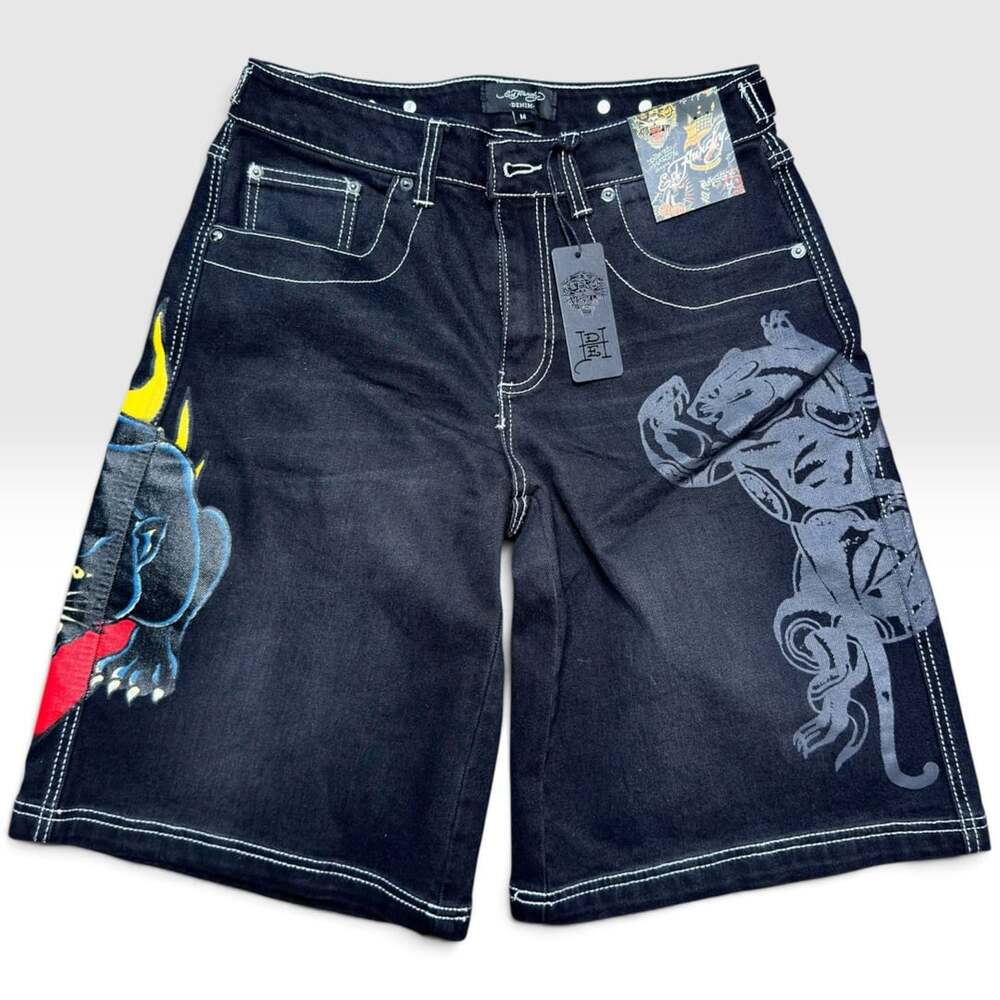 Ed Hardy Panther Heart Baggy Y2K Black Denim Womens Shorts Size M